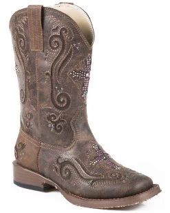 Roper Kid's Brown Faux Leather Cross Faith Western Boots