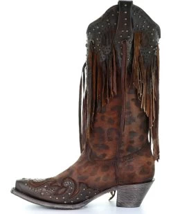 Corral Women's Leopard Stud & Fringe Western Boots - Snip Toe -Western Fashion 2000241028 271 LT
