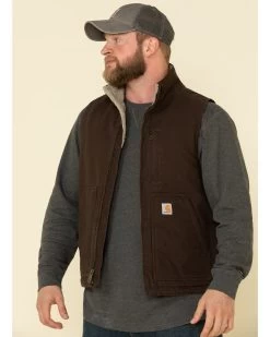 Carhartt Men's Dark Brown Washed Duck Sherpa Lined Mock Neck Work Vest 