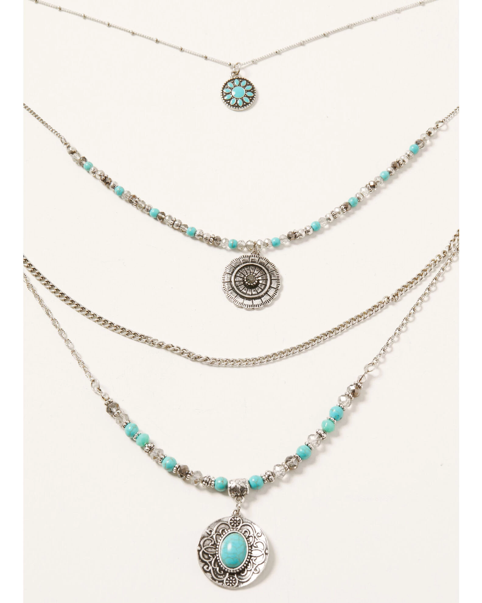 Shyanne Women's Shimmer Concho Four Tier Silver & Turquoise Necklace 5 Shyanne Women's Shimmer Concho Four Tier Silver & Turquoise Necklace - Image 3
