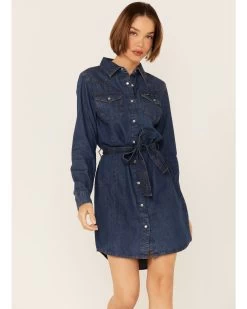 Wrangler Women's Dark Denim Washed Long Sleeve Western Shirt Dress -Western Fashion 2000334318 402 P4