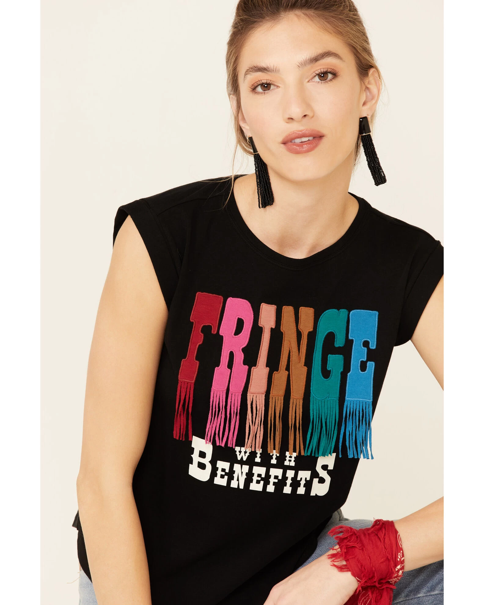 Shyanne Women's Fringe With Benefits Graphic Muscle Tee 6 Shyanne Women's Fringe With Benefits Graphic Muscle Tee - Image 4