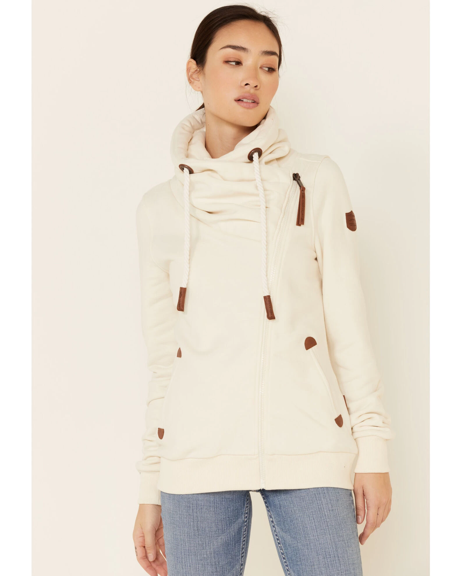 Wanakome Women's Oatmeal Hestia Asymmetrical Zip-Front Hoodie 3 Wanakome Women's Oatmeal Hestia Asymmetrical Zip-Front Hoodie