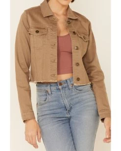 Shyanne Women's Tan Fray Hem Button-Front Crop Denim Jacket  -Western Fashion 2000342598 280 P3