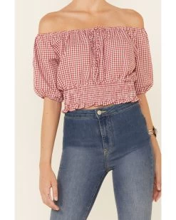 Beyond The Radar Women's Gingham Off-Shoulder Peasant Crop Top  -Western Fashion 2000343879 600 P3