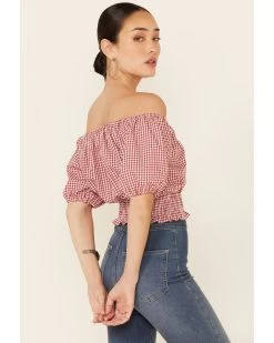 Beyond The Radar Women's Gingham Off-Shoulder Peasant Crop Top  -Western Fashion 2000343879 600 P4