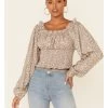 Beyond The Radar Women's Ditsy Smocked Long Sleeve Peasant Crop Top  -Western Fashion 2000343880 200 P1