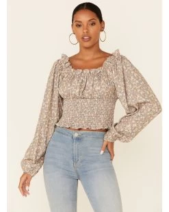 Beyond The Radar Women's Ditsy Smocked Long Sleeve Peasant Crop Top