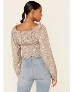 Beyond The Radar Women's Ditsy Smocked Long Sleeve Peasant Crop Top  -Western Fashion 2000343880 200 P4