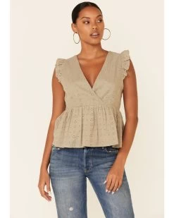 Wishlist Women's Gucci Eyelet Ruffle Surplice Short Sleeve Babydoll TopĀ