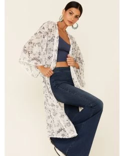 Wild Moss Women's Floral Print Chiffon Open Front Kimono