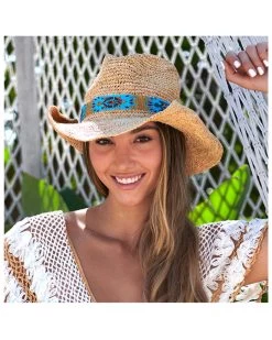 Nikki Beach Women's Natural Mazatlan Crochet Raffia Straw Western Hat  -Western Fashion 2000352520 101 P3