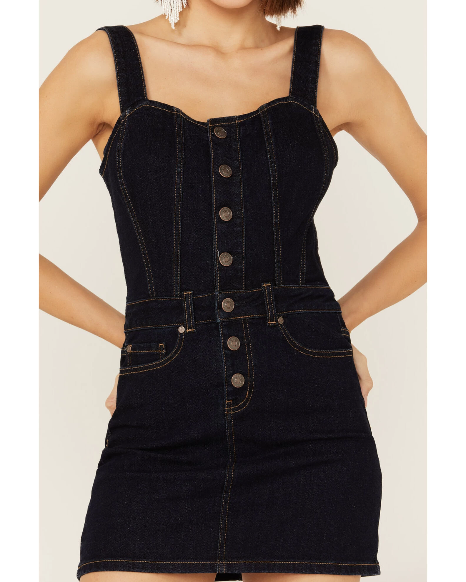 Shyanne Women's Dark Wash Denim Button Mini Dress 5 Shyanne Women's Dark Wash Denim Button Mini Dress - Image 3