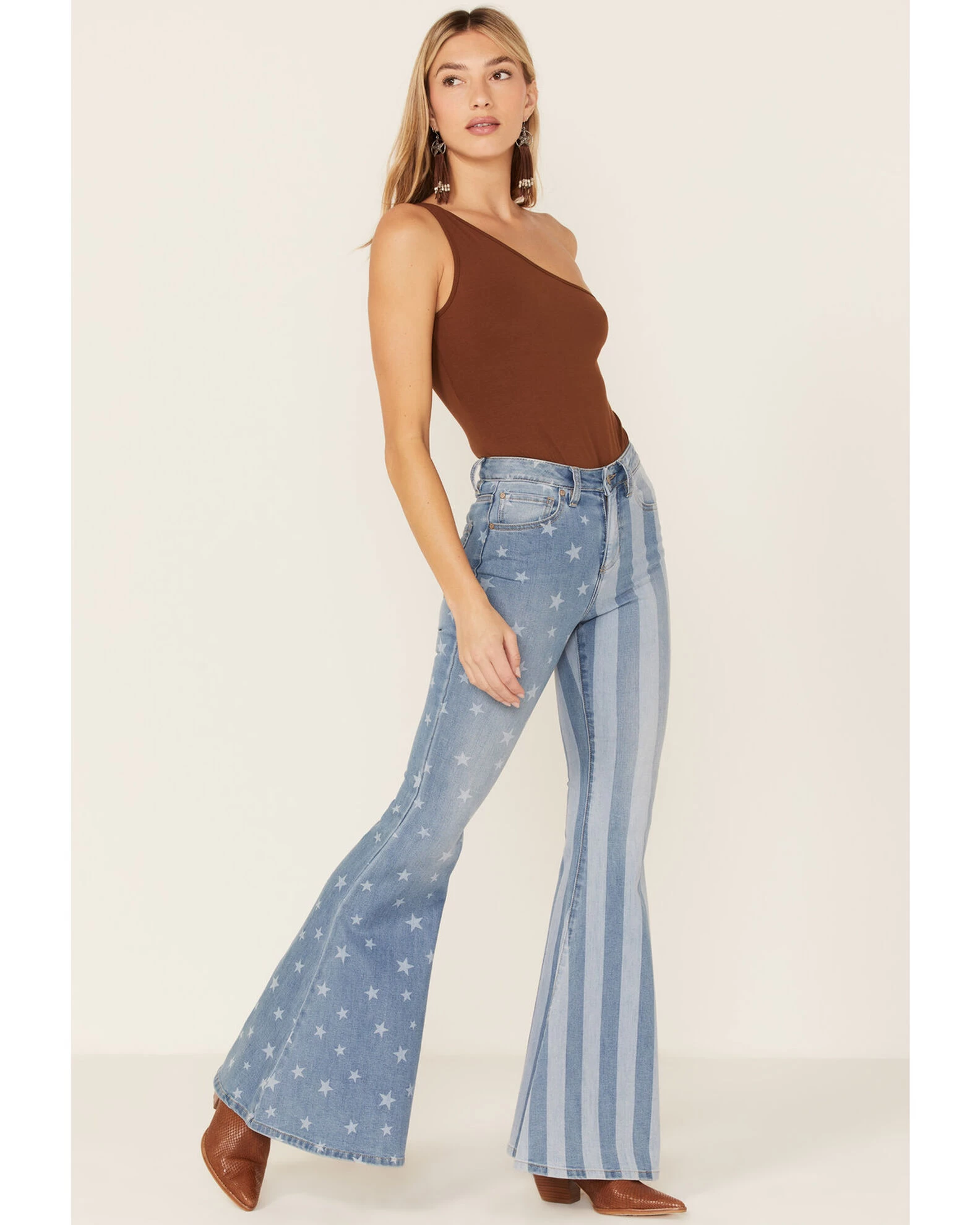 Shyanne Women's Stars & Stripes Print High Rise Super Flare Jeans 3 Shyanne Women's Stars & Stripes Print High Rise Super Flare Jeans