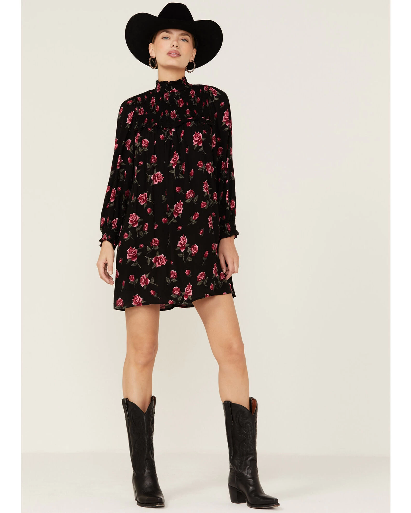 Angie Women's Navy Long Sleeve Smocked Floral Border Mini Dress 3 Angie Women's Navy Long Sleeve Smocked Floral Border Mini Dress