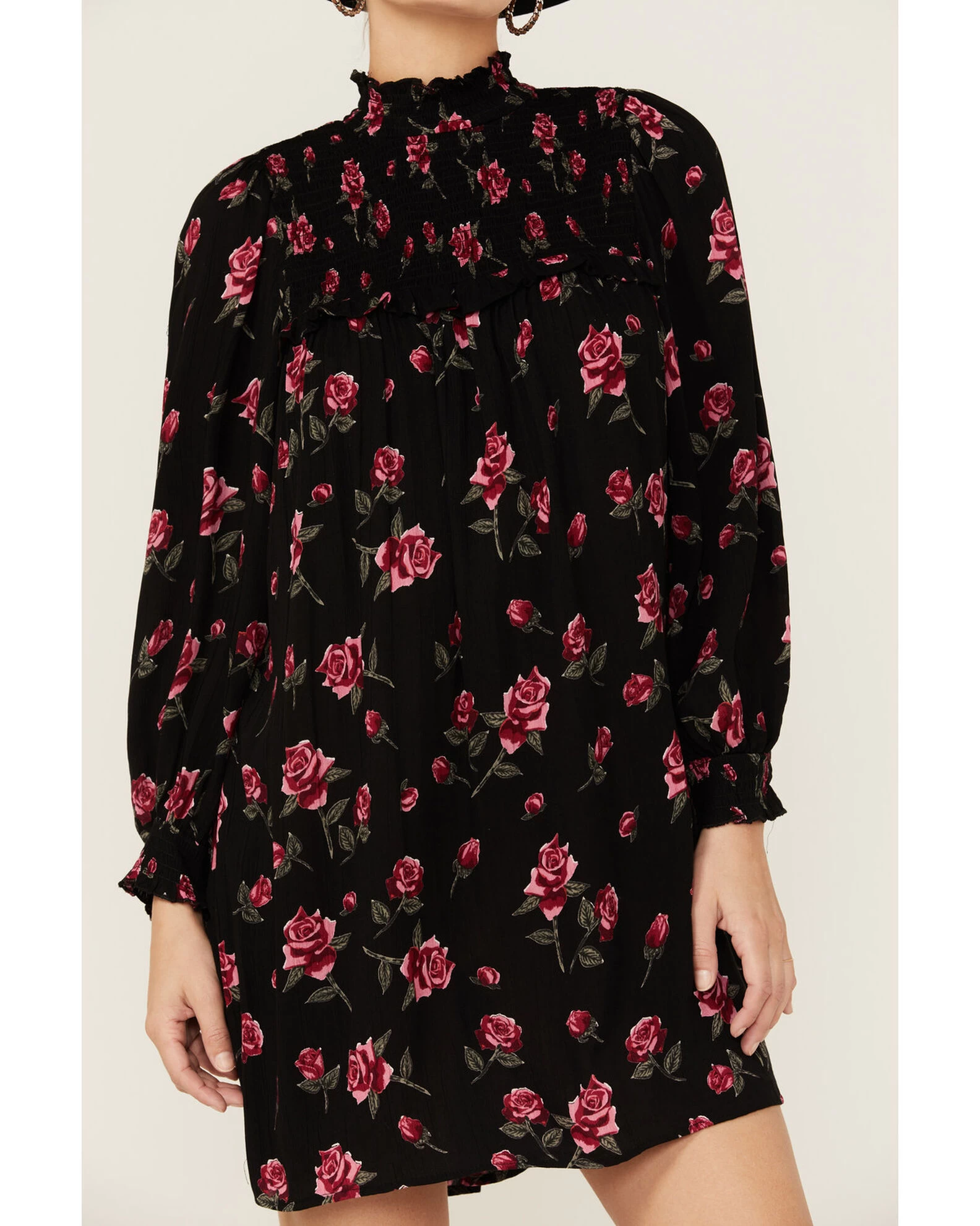 Angie Women's Navy Long Sleeve Smocked Floral Border Mini Dress 4 Angie Women's Navy Long Sleeve Smocked Floral Border Mini Dress - Image 2