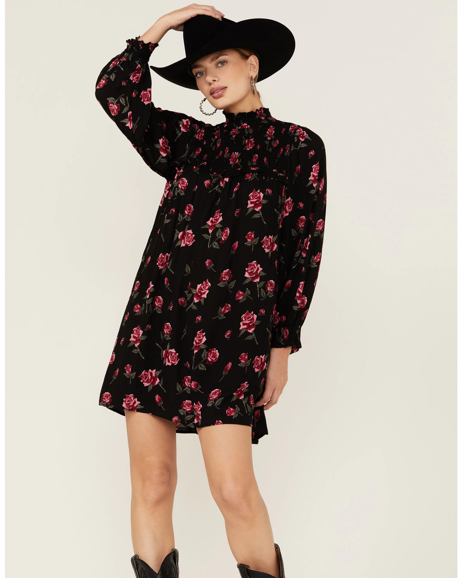 Angie Women's Navy Long Sleeve Smocked Floral Border Mini Dress 6 Angie Women's Navy Long Sleeve Smocked Floral Border Mini Dress - Image 4