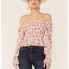 Beyond The Radar Women's Floral White Smocked Chiffon Off Shoulder Top -Western Fashion 2000366189 100 P1