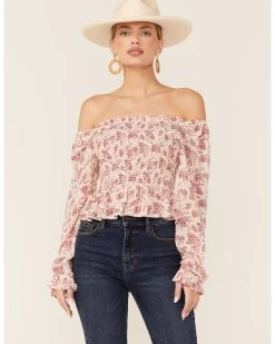 Beyond The Radar Women's Floral White Smocked Chiffon Off Shoulder Top