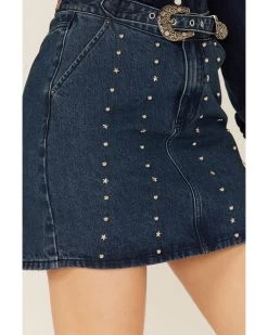 Rock & Roll Denim Women's Dark Wash Studded Belted Western Denim Mini Skirt -Western Fashion 2000368495 400 P3