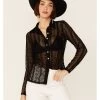 Wild Moss Women's Lace Button Front Sheer Long Sleeve Shirt