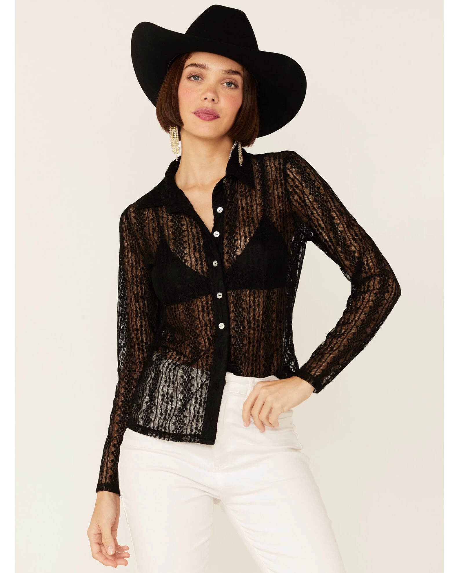 Wild Moss Women's Lace Button Front Sheer Long Sleeve Shirt 3 Wild Moss Women's Lace Button Front Sheer Long Sleeve Shirt