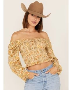 Jolt Women's Floral Print Smocked Long Sleeve Crop Top