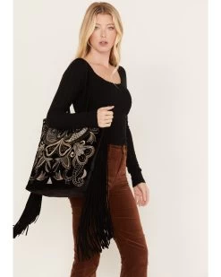 Shyanne Women's Velvet Embroidered Beaded & Fringe Tote Handbag