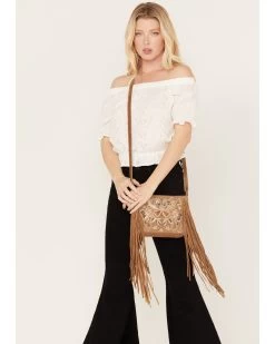 Shyanne Women's Light Brown Velvet Embroidered Crossbody Handbag