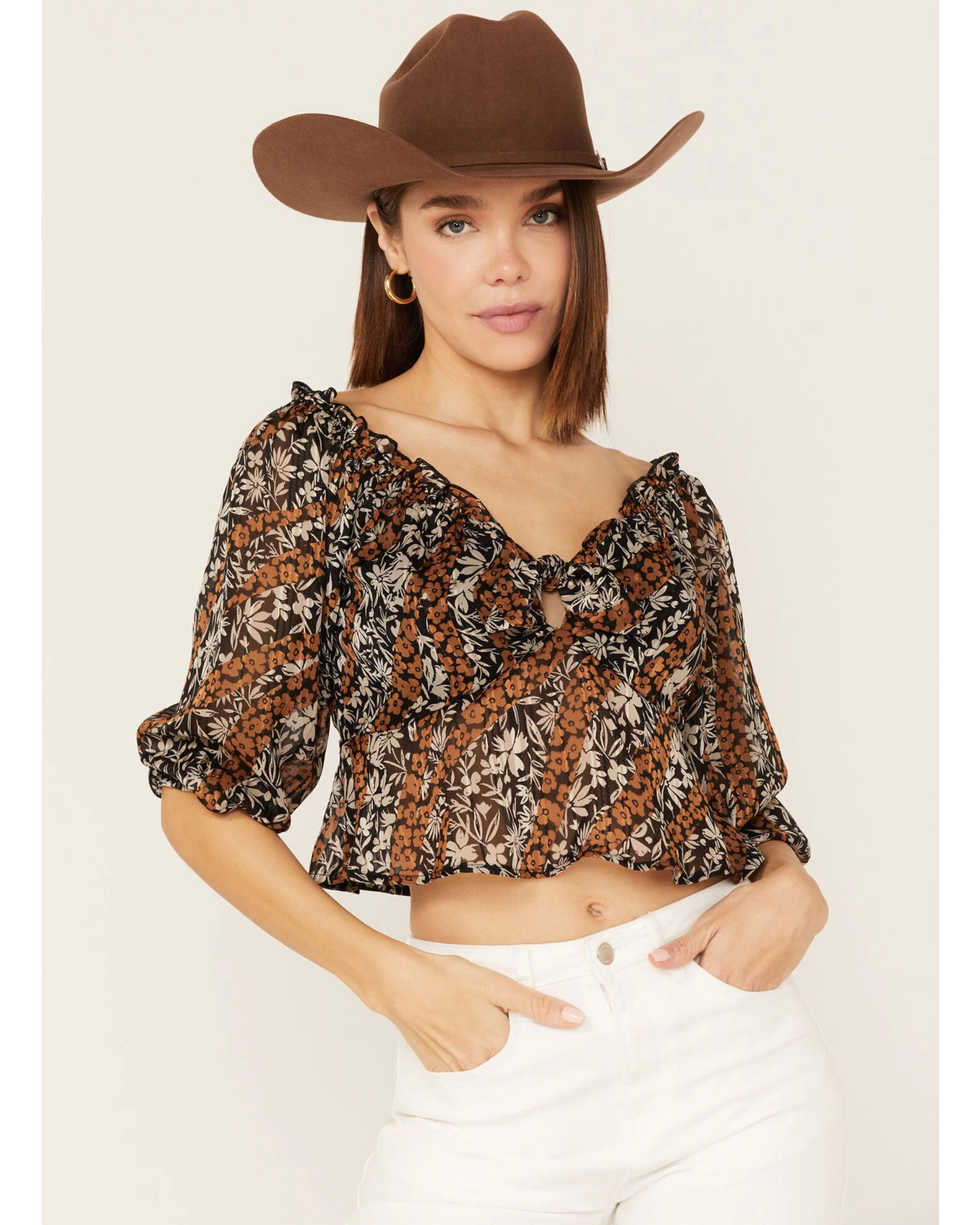 Wild Moss Women's Floral Print Tie-Front Peplum Crop Top 3 Wild Moss Women's Floral Print Tie-Front Peplum Crop Top