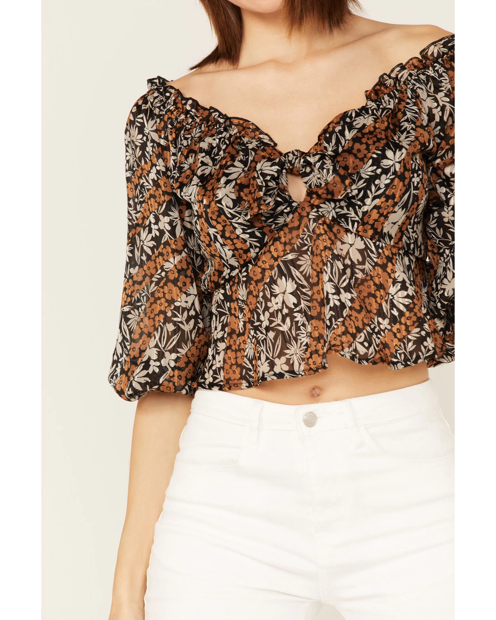 Wild Moss Women's Floral Print Tie-Front Peplum Crop Top 5 Wild Moss Women's Floral Print Tie-Front Peplum Crop Top - Image 3