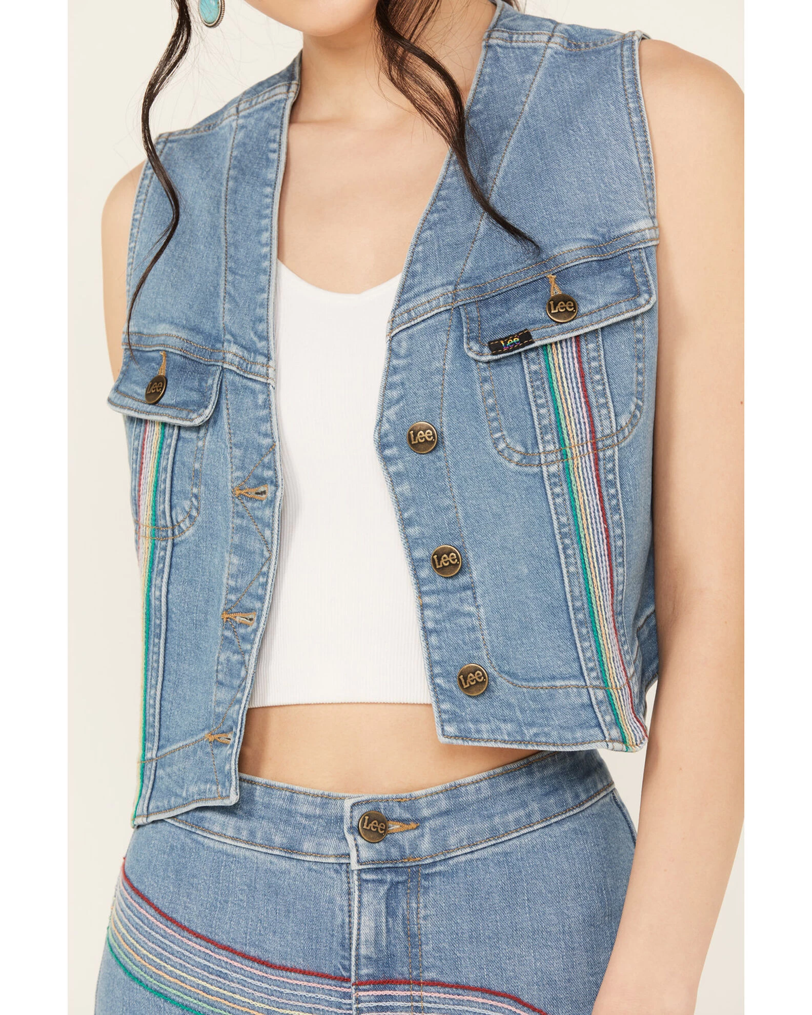 Lee Women's Light Wash Denim Button Up Rainbow Vest 5 Lee Women's Light Wash Denim Button Up Rainbow Vest - Image 3