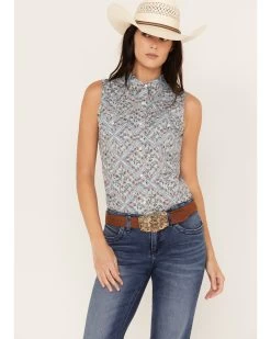 Wrangler Women's Floral Paisley Print Woven Sleeveless Snap Western Shirt
