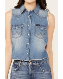 Wrangler Retro Women's Medium Wash Cropped Denim Vest 8 Wrangler Retro Women's Medium Wash Cropped Denim Vest -Western Fashion 2000384049 414 P3