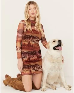 Rock & Roll Denim Women's Mesh Printed Long Sleeve Dress