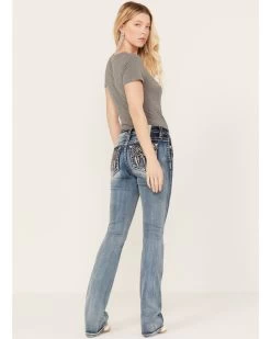 Miss Me Women's Dark Wash Mid Rise Non-Flap Dream Catcher Bootcut Jeans