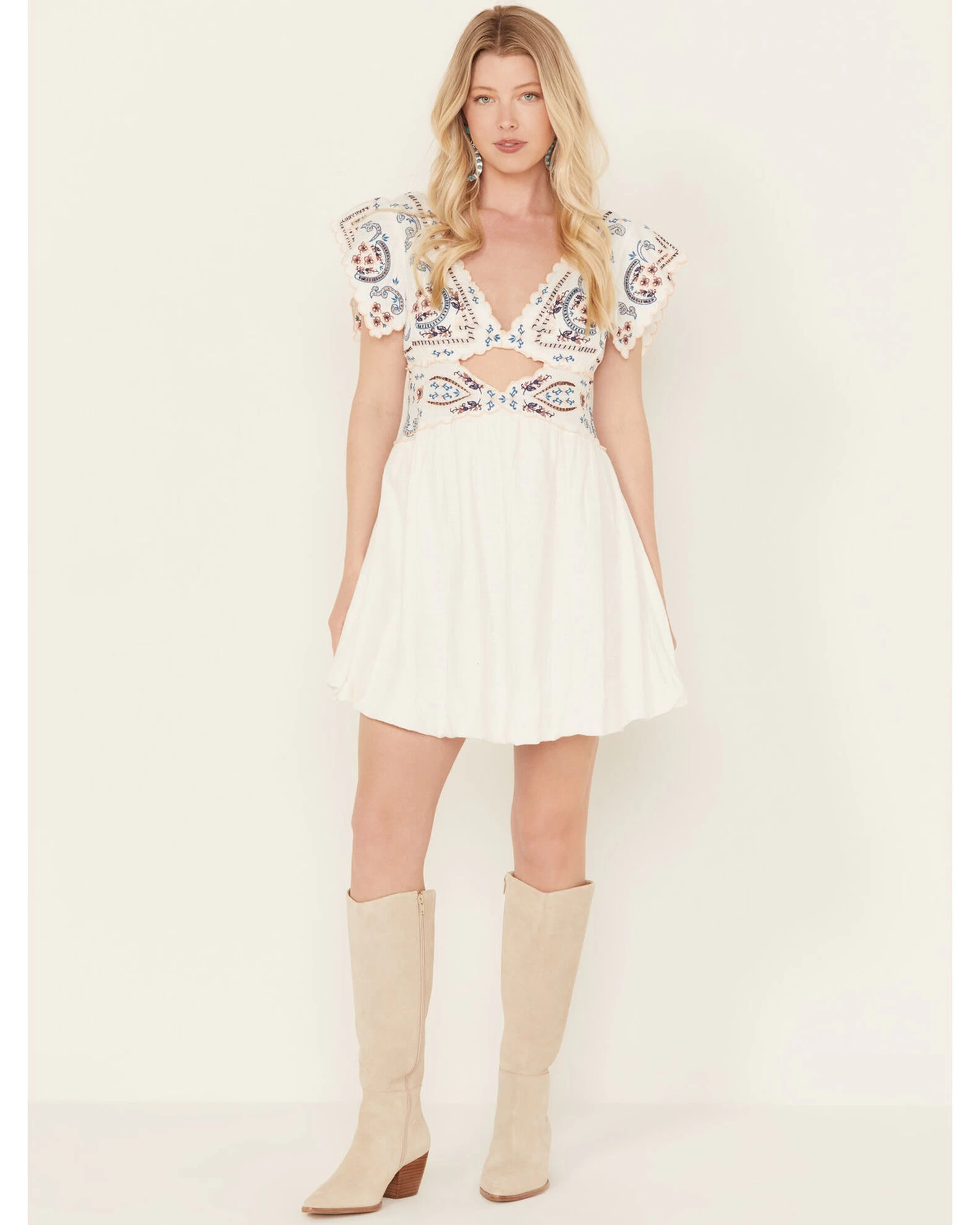 Free People Women's Rambling Roads Mini Short Sleeve Embroidered Dress 3 Free People Women's Rambling Roads Mini Short Sleeve Embroidered Dress