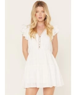 Yura Women's Button Down Ruffle Short Sleeve Mini Dress