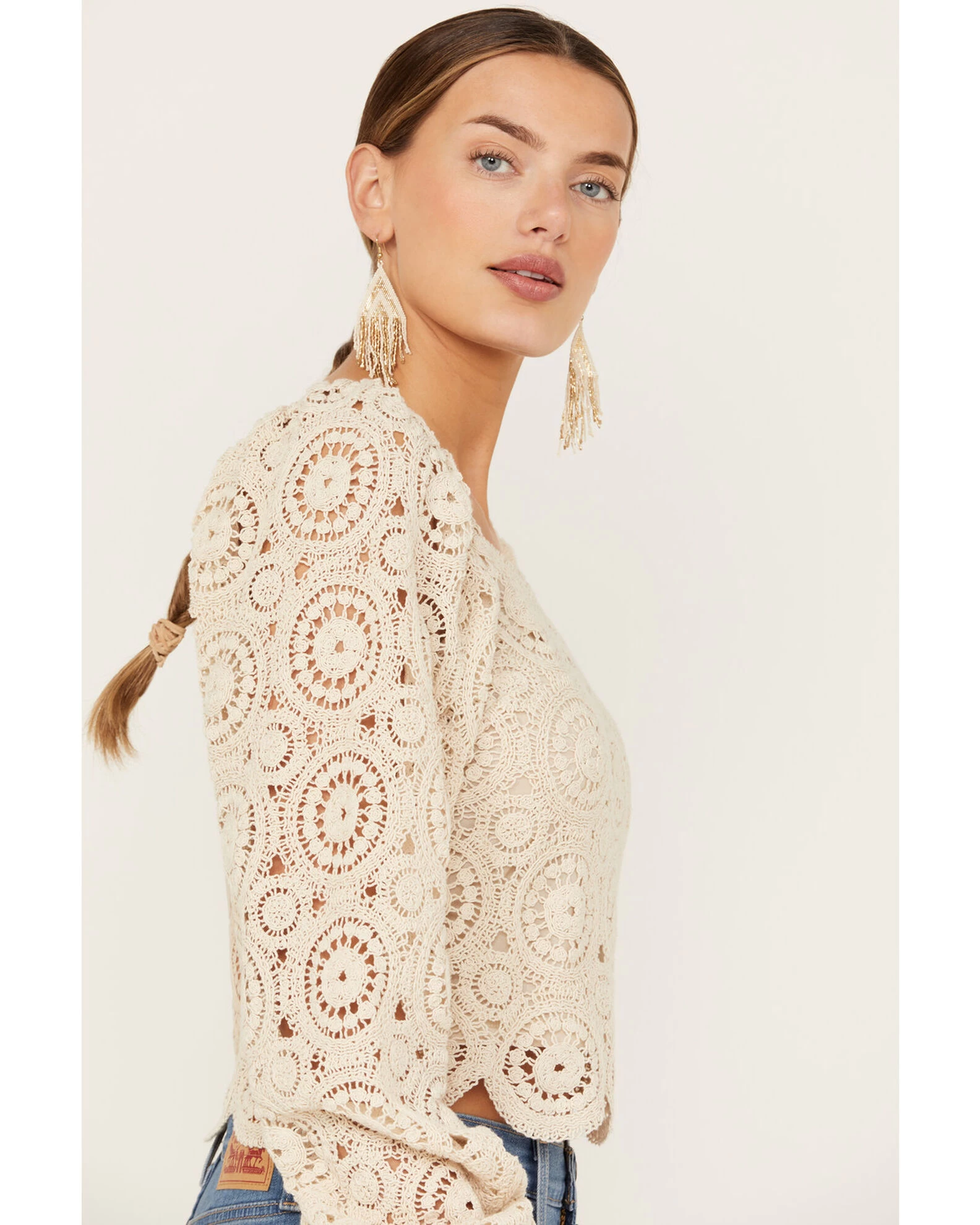 Flying Tomato Women's Crochet Long Sleeve Peasant Top 4 Flying Tomato Women's Crochet Long Sleeve Peasant Top - Image 2