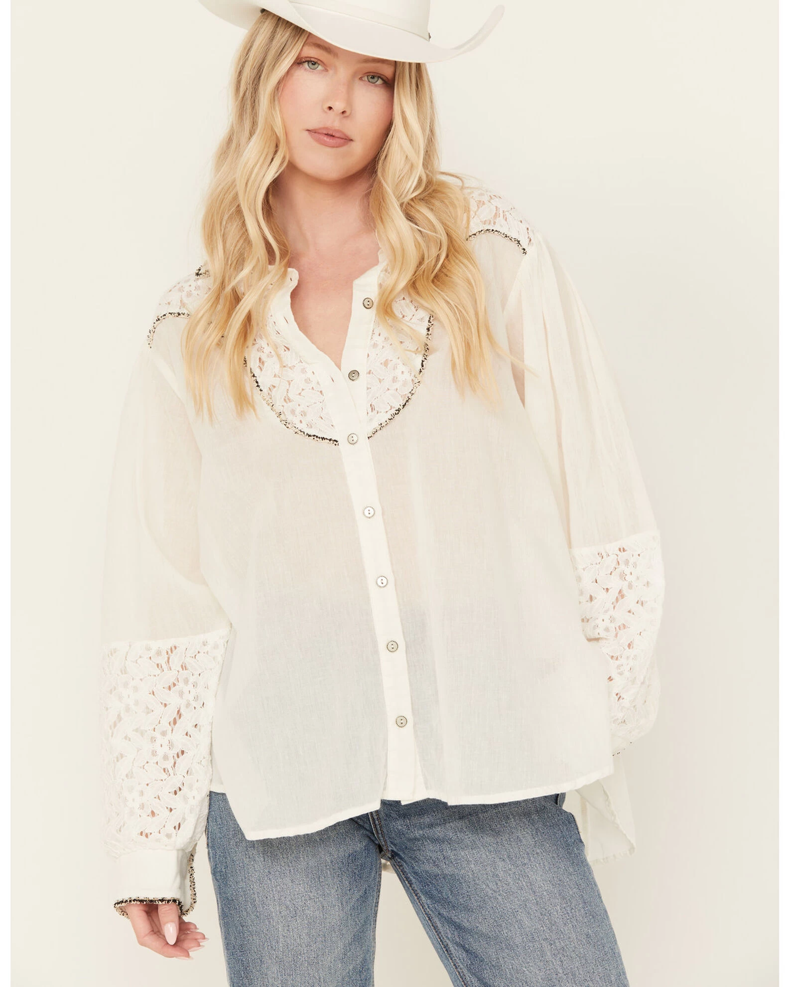 POL Women's Lace Yoke Long Sleeve Button Down Shirt 3 POL Women's Lace Yoke Long Sleeve Button Down Shirt