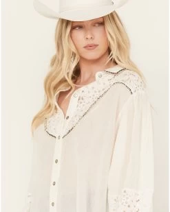 POL Women's Lace Yoke Long Sleeve Button Down Shirt 7 POL Women's Lace Yoke Long Sleeve Button Down Shirt -Western Fashion 2000393561 103 P2