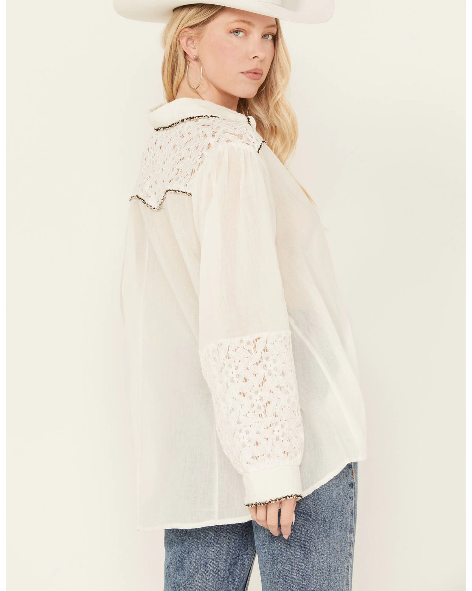 POL Women's Lace Yoke Long Sleeve Button Down Shirt 6 POL Women's Lace Yoke Long Sleeve Button Down Shirt - Image 4